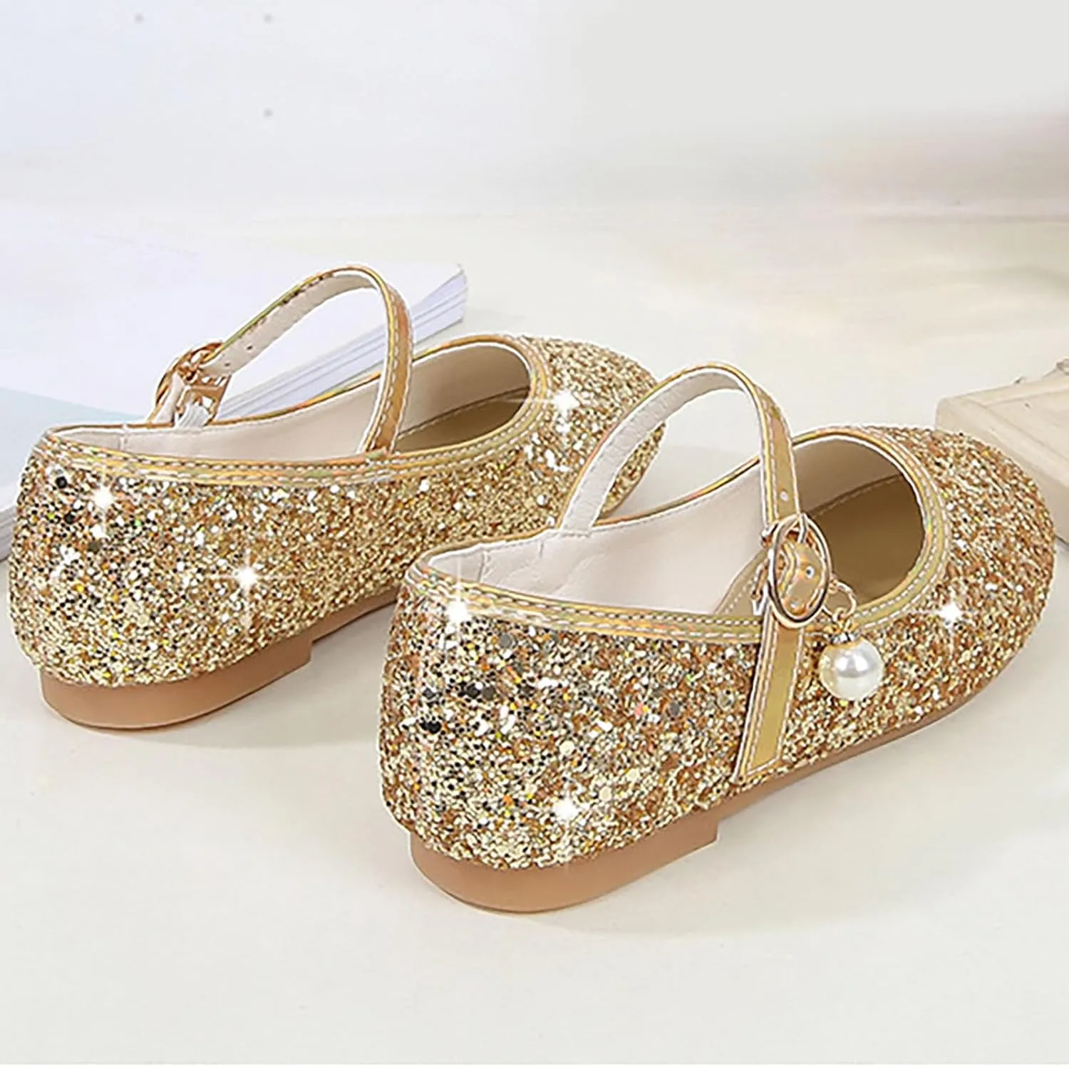 Big Kids Girls Glitter Sequins Mary Jane Shoes, Toddler Girls Flat Bottom Dress Shoes for Wedding Party Shoes