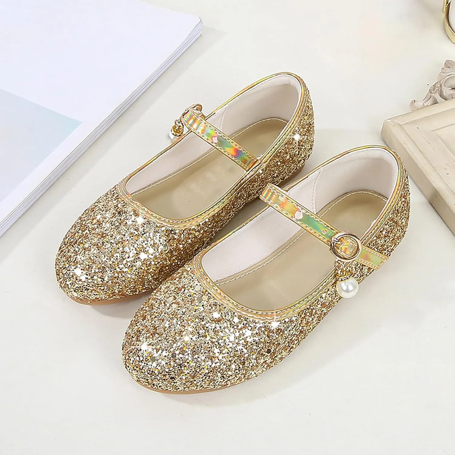 Big Kids Girls Glitter Sequins Mary Jane Shoes, Toddler Girls Flat Bottom Dress Shoes for Wedding Party Shoes