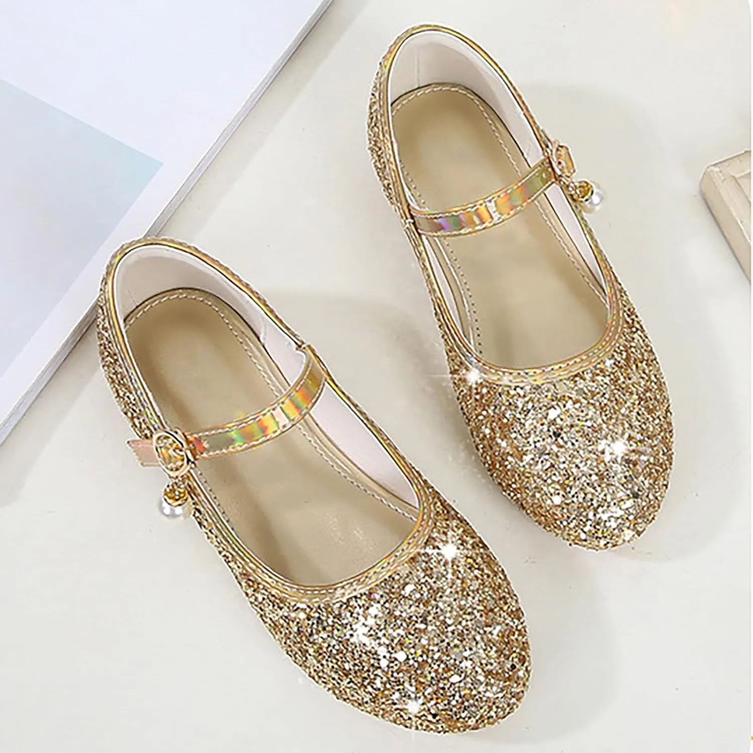 Big Kids Girls Glitter Sequins Mary Jane Shoes, Toddler Girls Flat Bottom Dress Shoes for Wedding Party Shoes