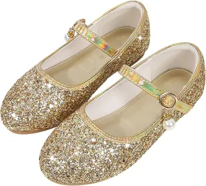 Big Kids Girls Glitter Sequins Mary Jane Shoes, Toddler Girls Flat Bottom Dress Shoes for Wedding Party Shoes