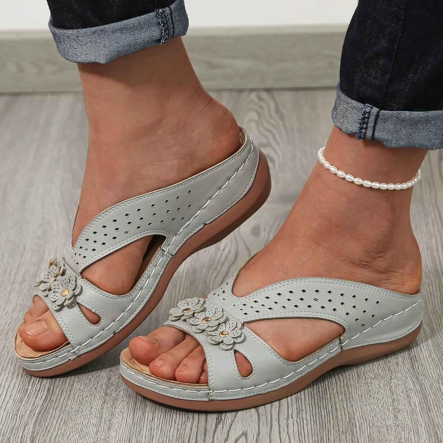 Bohemian Sandals for Women Wedge Shoes 2025 Arch Support Open Toe Fish Mouth Mesh Breathable Slides Lightweight Platform Shoe