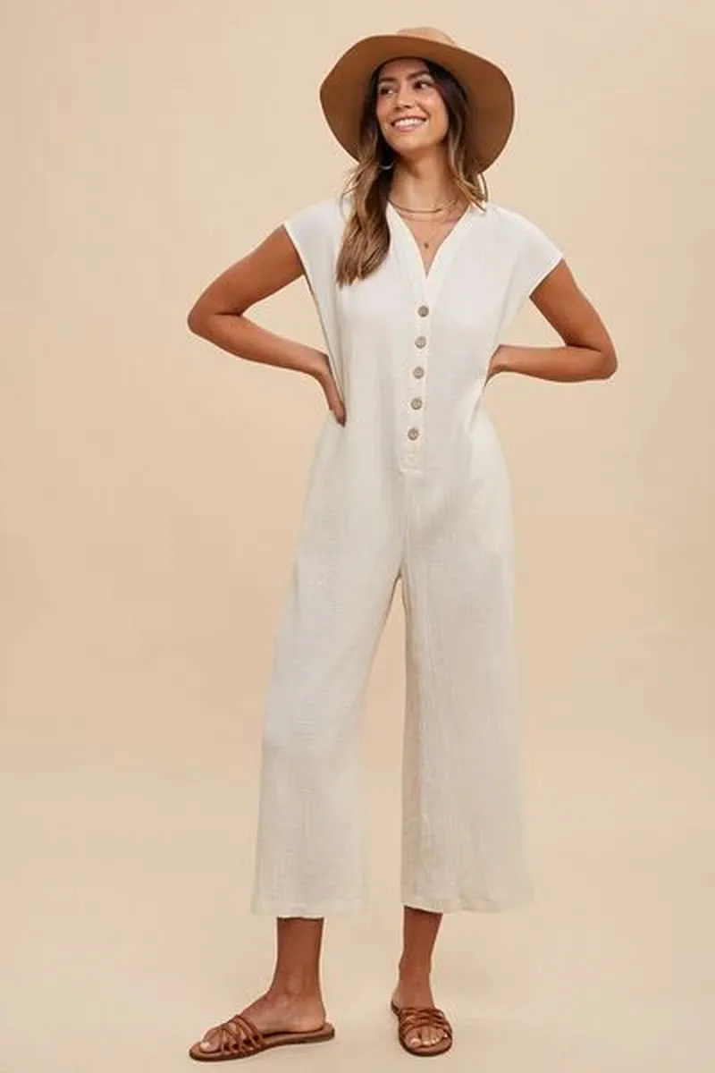 Chic Annie Wear Wide Leg Jumpsuit with Stylish Button Detail and Pockets