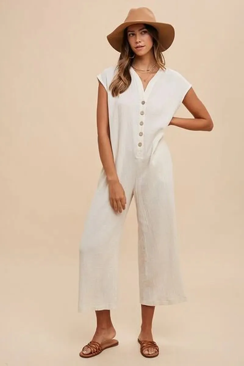 Chic Annie Wear Wide Leg Jumpsuit with Stylish Button Detail and Pockets