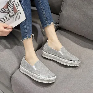 Chicvane Round Toe Rhinestones Platform Loafers