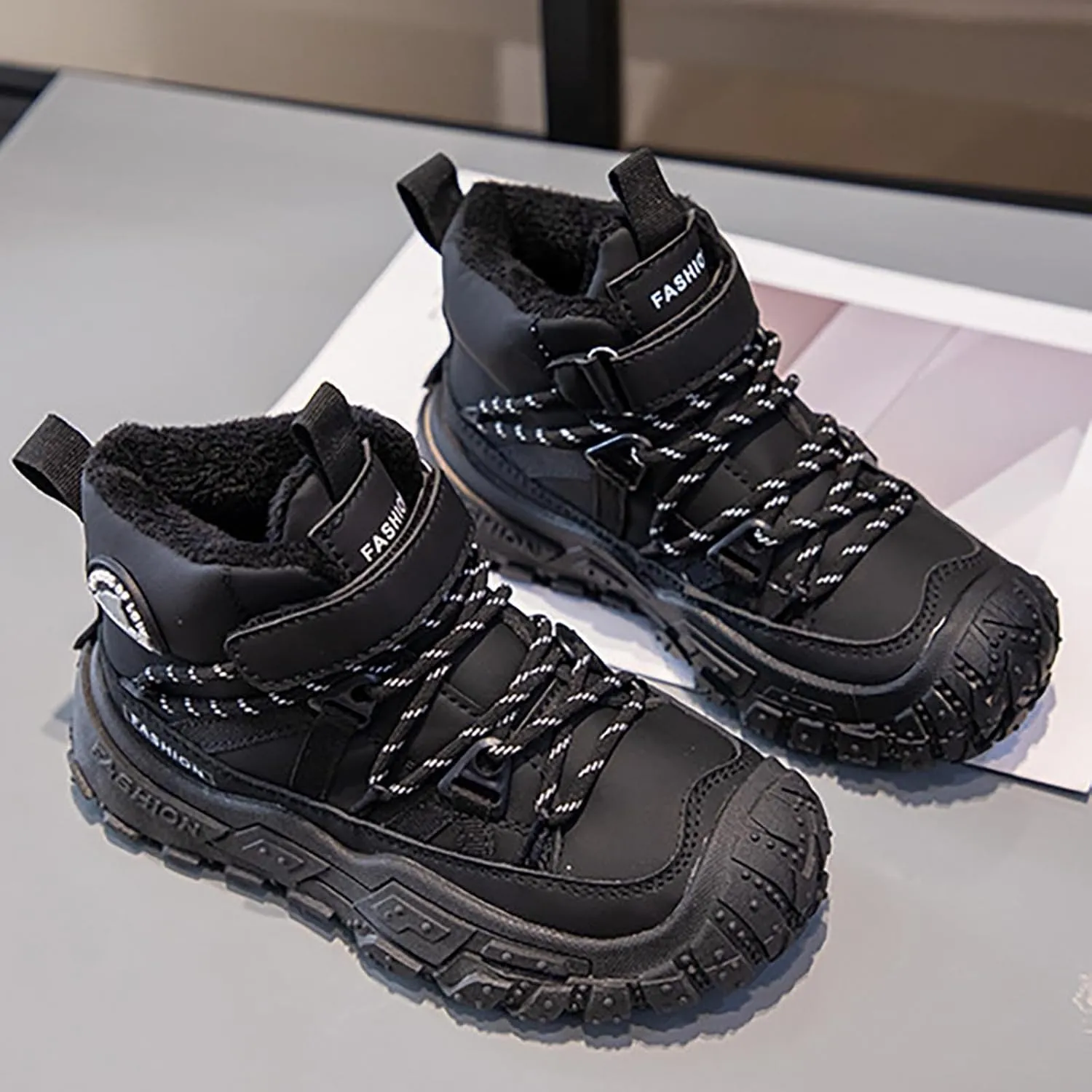 Chunky Sole Non Slip Snow Sneaker for Childrens Boys Kids Fuzzy Lined aterproof Sport Shoes Booties Outdoor Ski Cozy