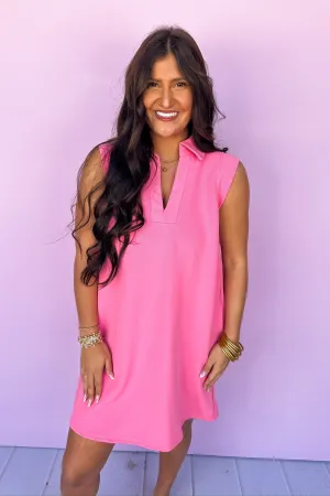 Collared Notch Neck Pocketed Shift Dress in Pink