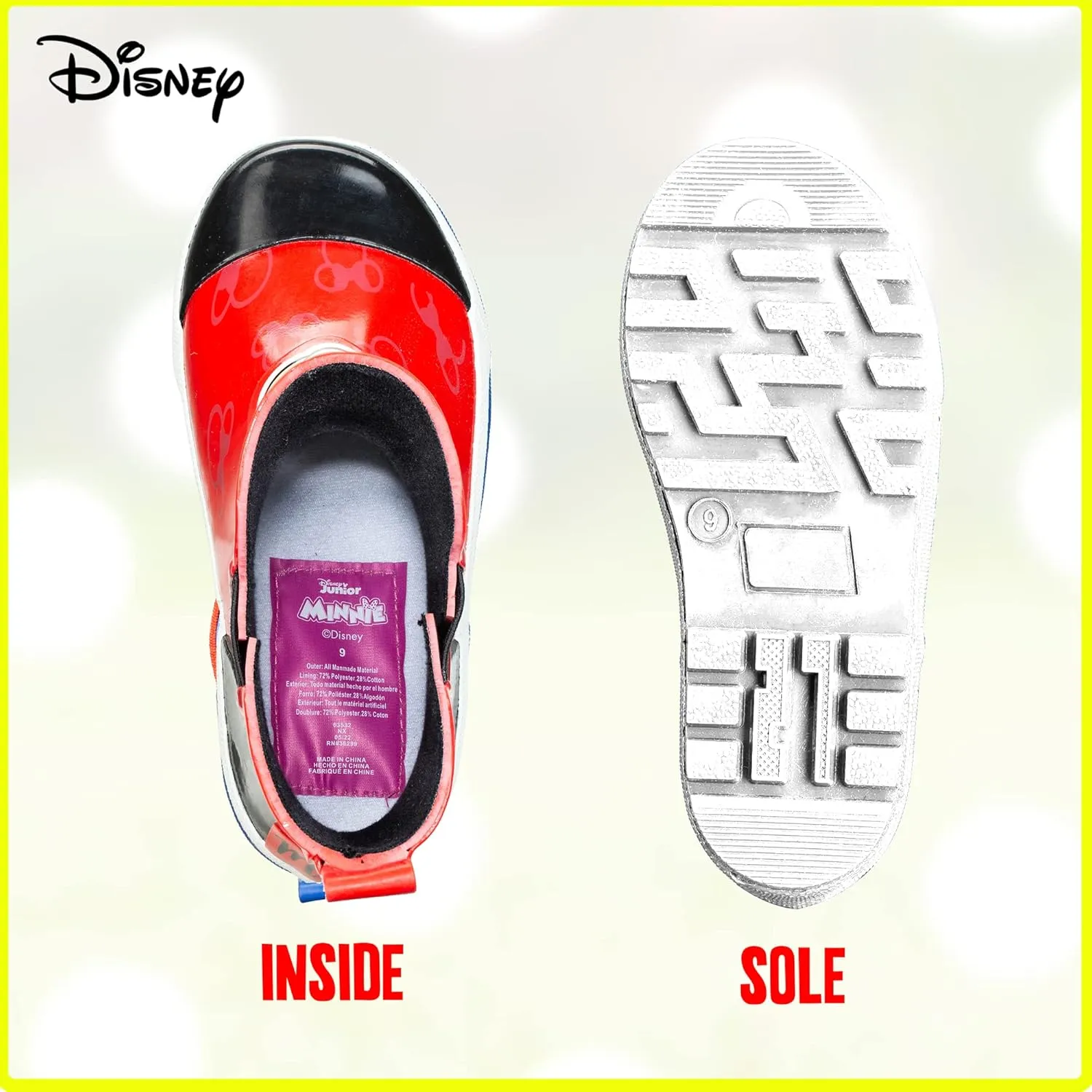 Disney Girl Minnie Mouse Mid Height Easy Slip-on Waterproof Rubber Boots - Size