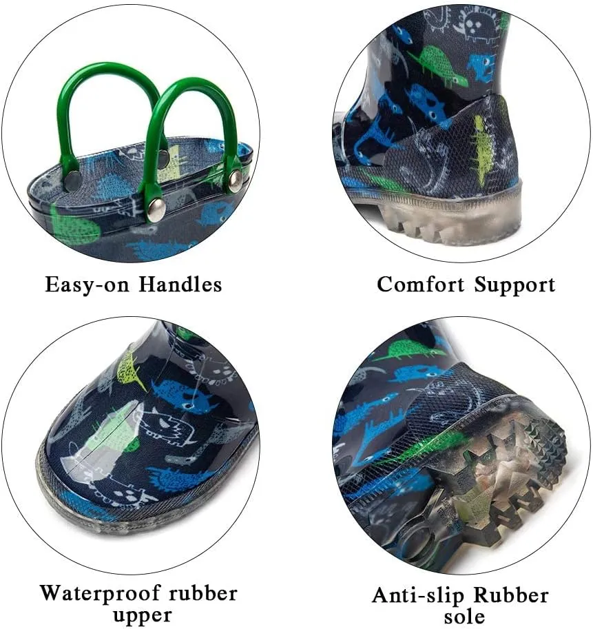 DKSUKO Toddler Rain Boots Glitter Waterprof Rubber Boots with Easy-on Handles