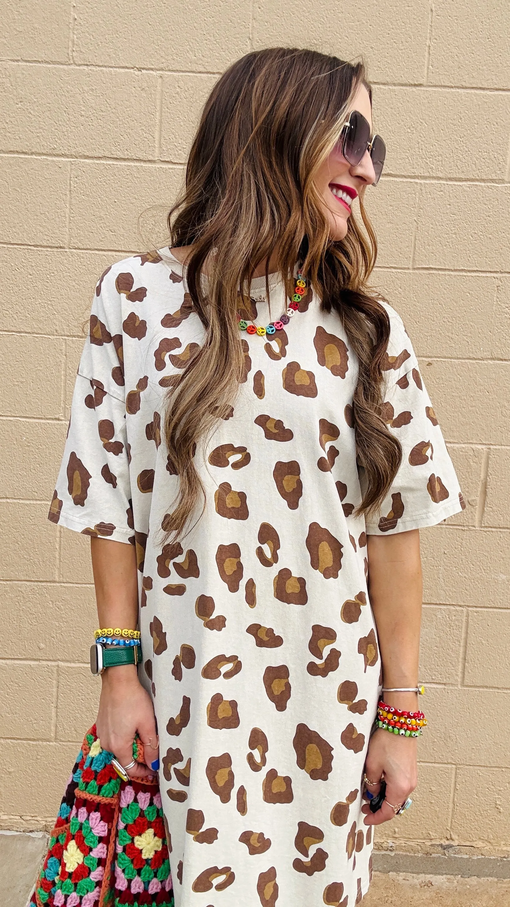 Emma Leopard Print T-Shirt Dress- Khaki