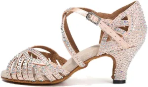 HIPPOSEUS Women Rhinestone Ballroom Dance Shoes Open Toe Latin Salsa Performance Dance Shoes