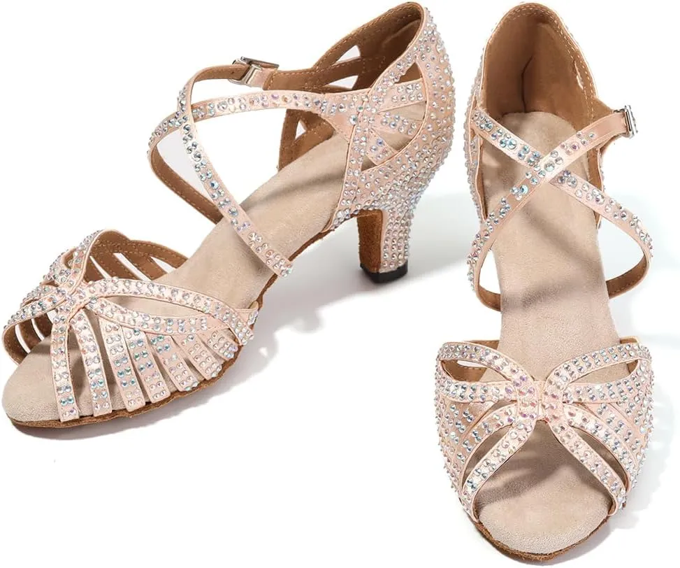 HIPPOSEUS Women Rhinestone Ballroom Dance Shoes Open Toe Latin Salsa Performance Dance Shoes
