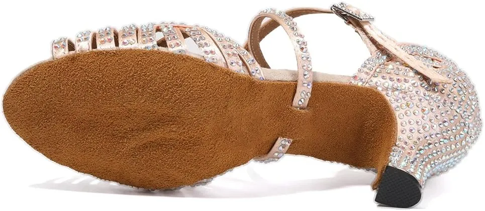 HIPPOSEUS Women Rhinestone Ballroom Dance Shoes Open Toe Latin Salsa Performance Dance Shoes