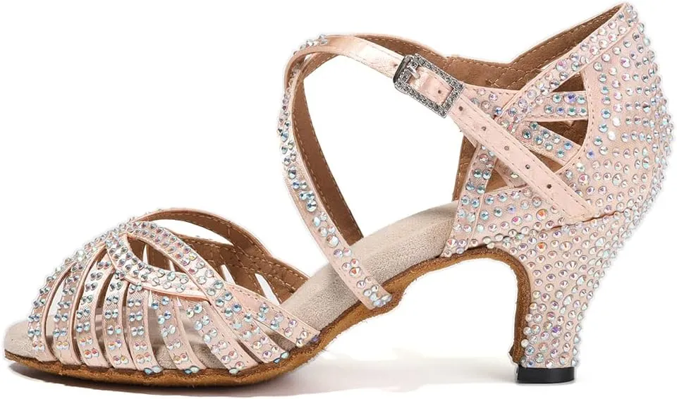HIPPOSEUS Women Rhinestone Ballroom Dance Shoes Open Toe Latin Salsa Performance Dance Shoes
