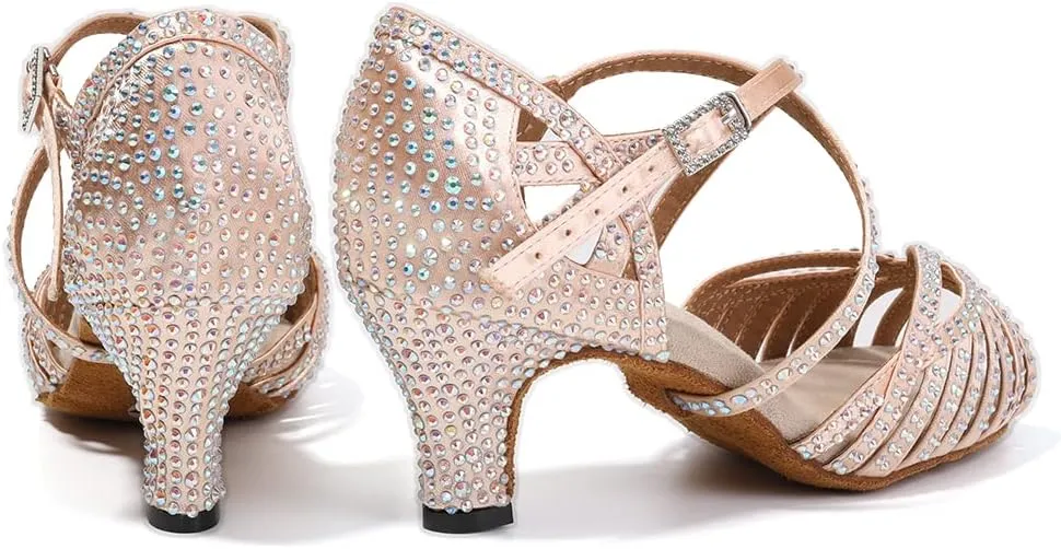 HIPPOSEUS Women Rhinestone Ballroom Dance Shoes Open Toe Latin Salsa Performance Dance Shoes