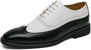 HOOENG Dress Oxford Formal Shoes for Men Lace Up Two Tone Brogue Embossed Wing tip PU Leather Low Top Anti-Slip Rubber Sole Business (Color : Black White, Size : 8)