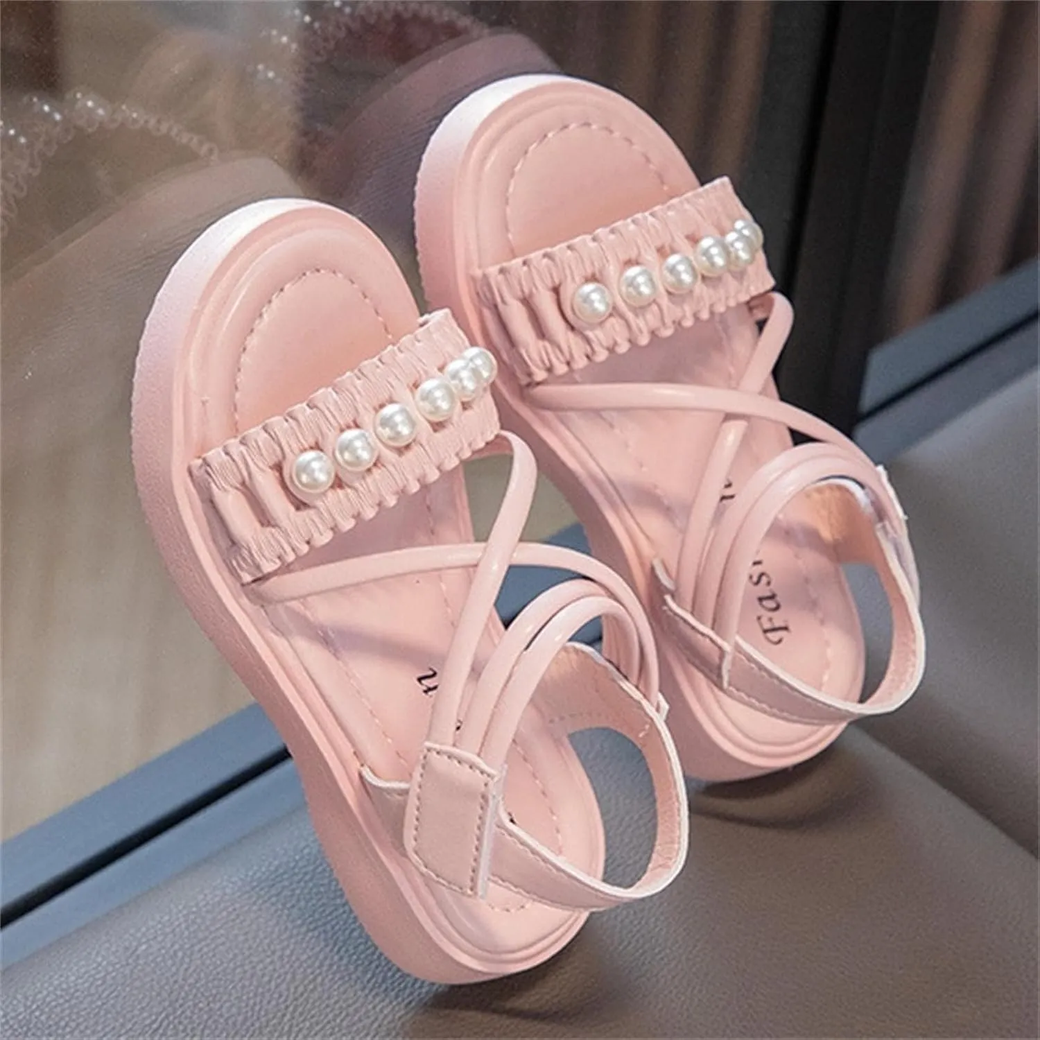 Kids Teen Girl Strap Open Toe Sandals Pearl Flat Bottomed Non Slip Daily Casual Dress Roman Shoes