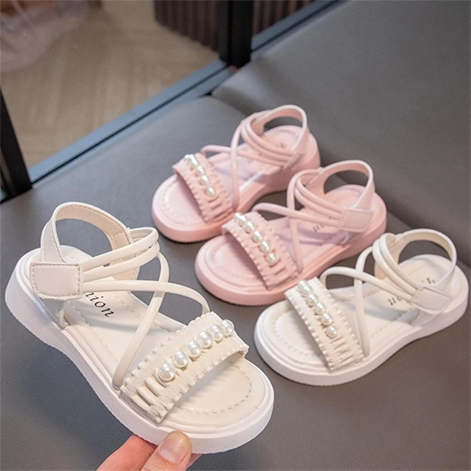 Kids Teen Girl Strap Open Toe Sandals Pearl Flat Bottomed Non Slip Daily Casual Dress Roman Shoes