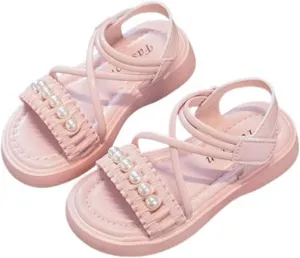 Kids Teen Girl Strap Open Toe Sandals Pearl Flat Bottomed Non Slip Daily Casual Dress Roman Shoes