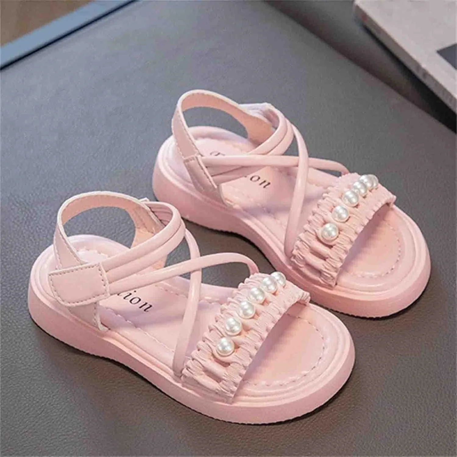 Kids Teen Girl Strap Open Toe Sandals Pearl Flat Bottomed Non Slip Daily Casual Dress Roman Shoes
