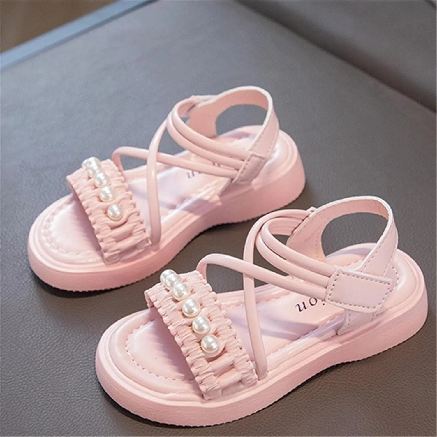 Kids Teen Girl Strap Open Toe Sandals Pearl Flat Bottomed Non Slip Daily Casual Dress Roman Shoes