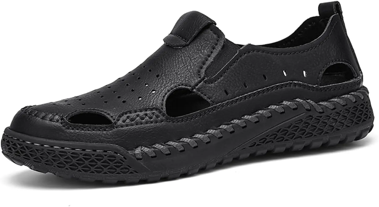 Men's Casual Leather Sandals Closed Toe Anti-Slip Outdoor Beach Shoes Lightweight Summer Hiking Sandals