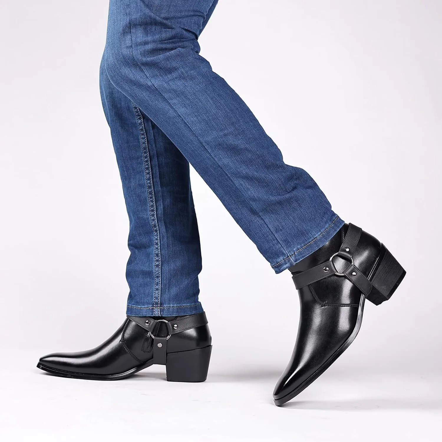 Men's Leather Chunky Heel Dress Chelsea Boots with Belt Buckle Fashion Classic Cap Toe Side Zipper Block High Heels High Top Formal Oxford Shoes Casual Business Chukka Booties