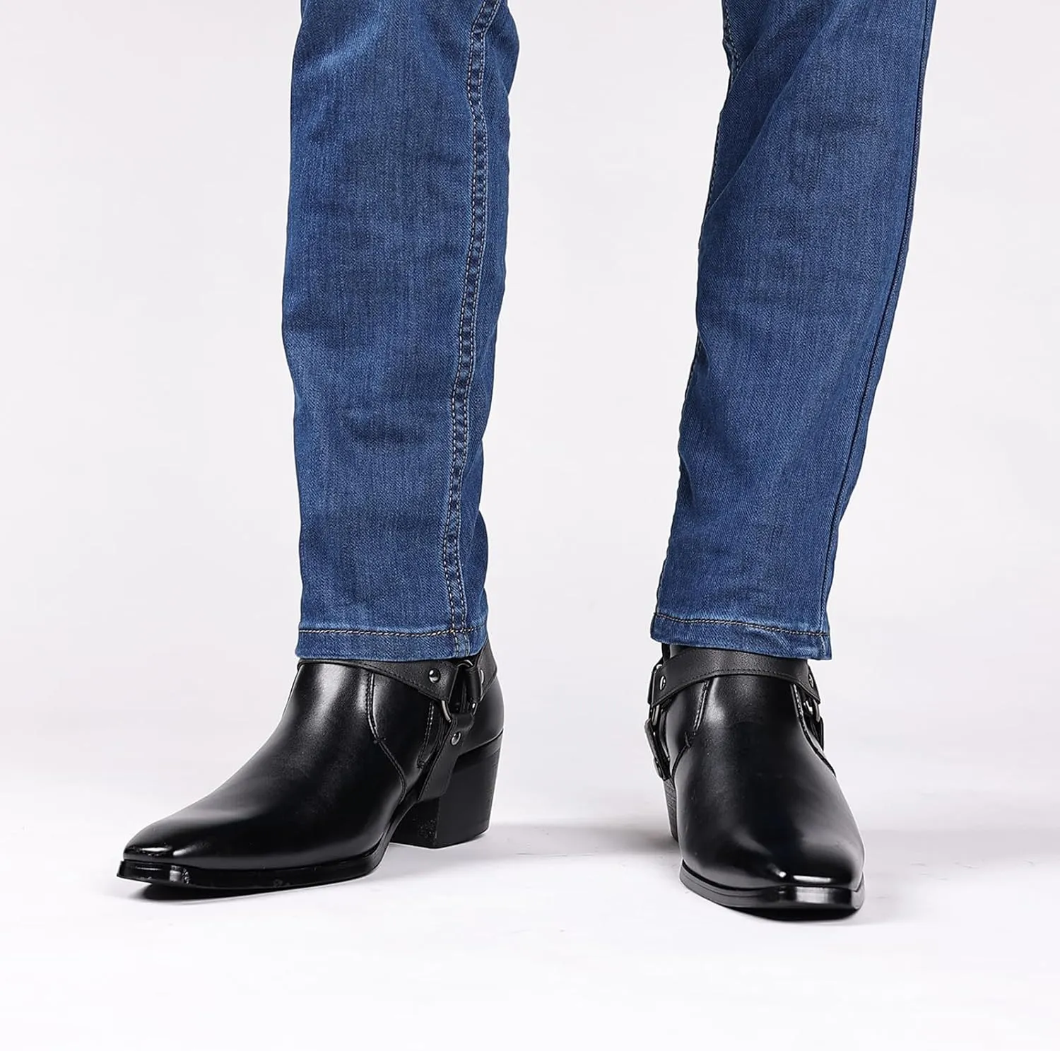 Men's Leather Chunky Heel Dress Chelsea Boots with Belt Buckle Fashion Classic Cap Toe Side Zipper Block High Heels High Top Formal Oxford Shoes Casual Business Chukka Booties