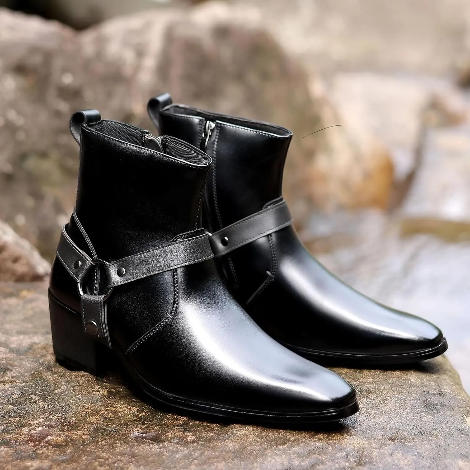 Men's Leather Chunky Heel Dress Chelsea Boots with Belt Buckle Fashion Classic Cap Toe Side Zipper Block High Heels High Top Formal Oxford Shoes Casual Business Chukka Booties