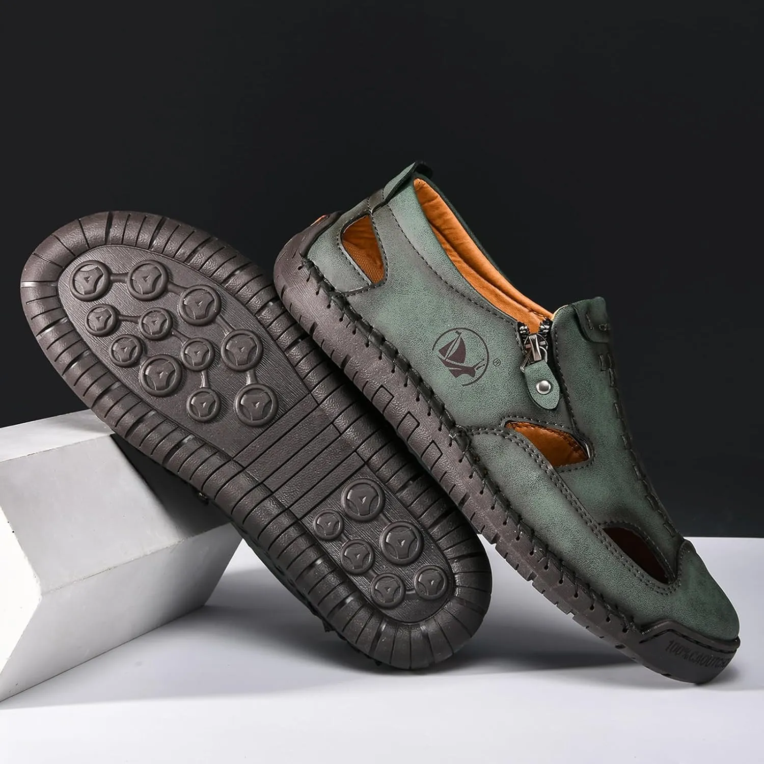 Men's Leather Closed Toe Beach Fisherman Sandals with Side Zip Hand Stitched Hollow Out Slip on Casual Loafers Summer Breathable Walking Shoes for Hiking Camping & Driving