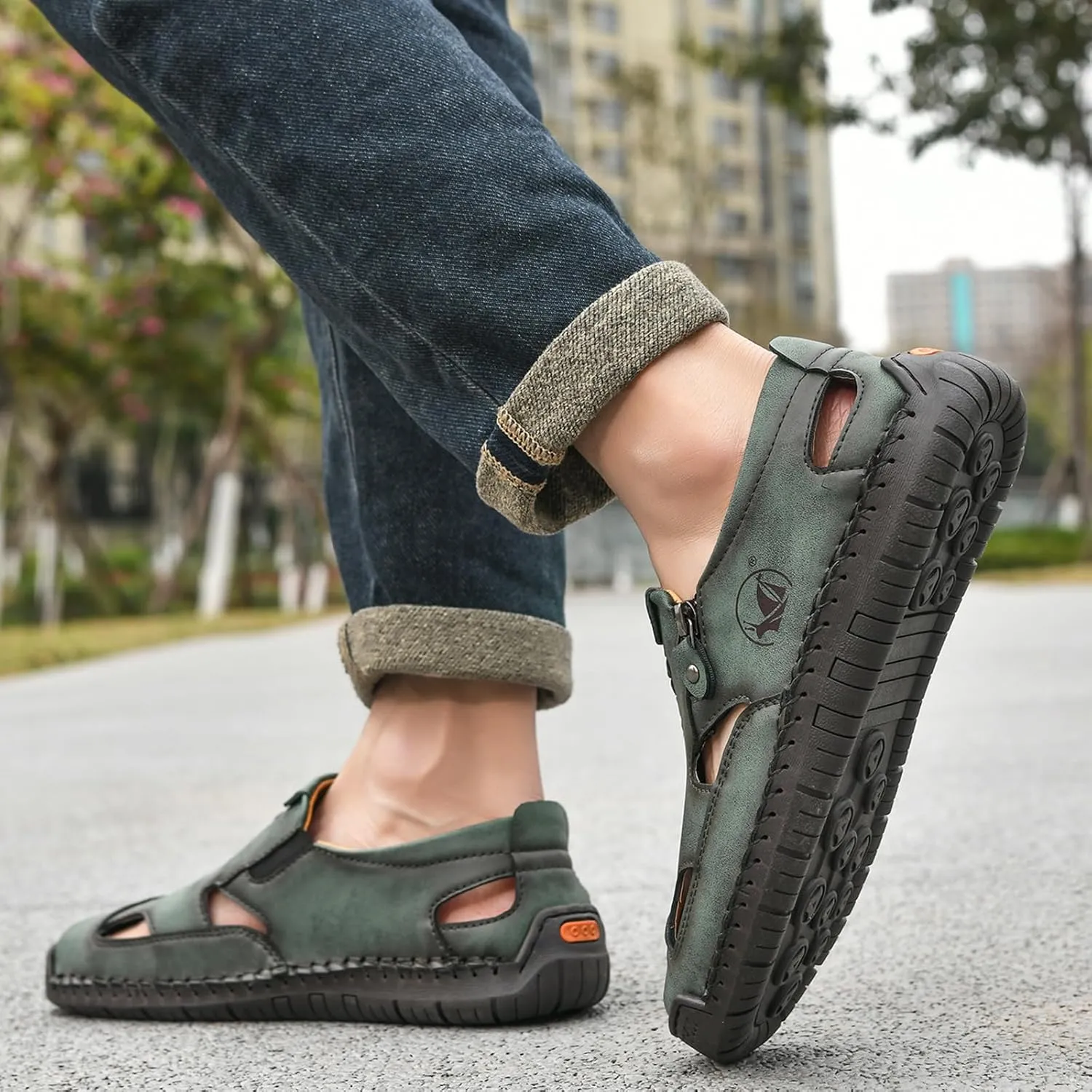 Men's Leather Closed Toe Beach Fisherman Sandals with Side Zip Hand Stitched Hollow Out Slip on Casual Loafers Summer Breathable Walking Shoes for Hiking Camping & Driving