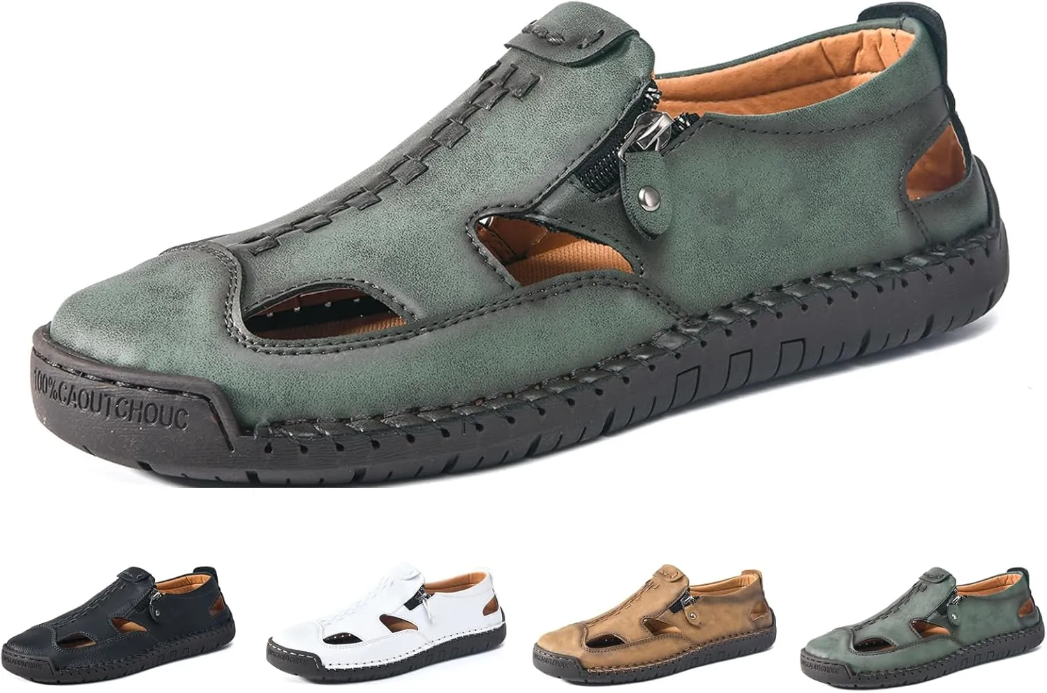 Men's Leather Closed Toe Beach Fisherman Sandals with Side Zip Hand Stitched Hollow Out Slip on Casual Loafers Summer Breathable Walking Shoes for Hiking Camping & Driving