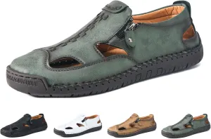 Men's Leather Closed Toe Beach Fisherman Sandals with Side Zip Hand Stitched Hollow Out Slip on Casual Loafers Summer Breathable Walking Shoes for Hiking Camping & Driving
