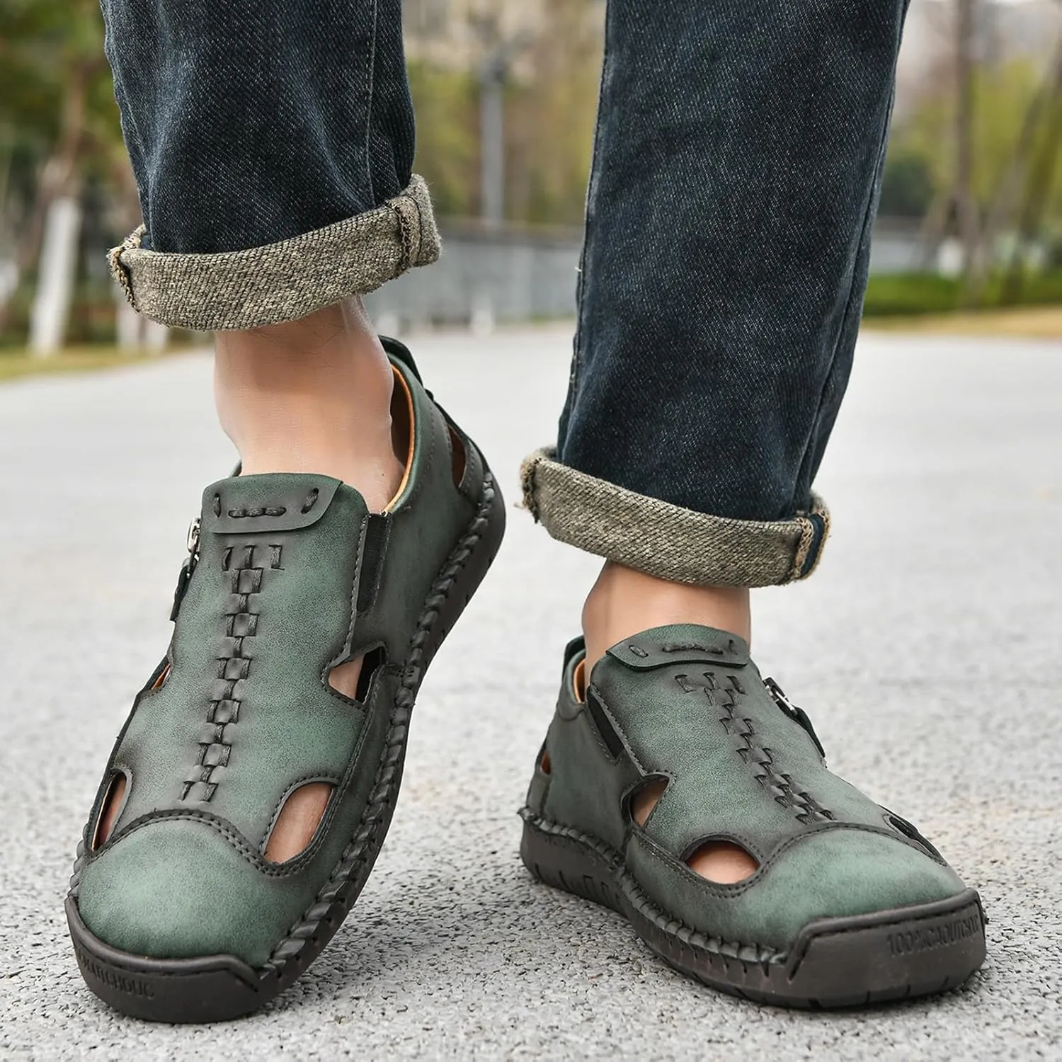Men's Leather Closed Toe Beach Fisherman Sandals with Side Zip Hand Stitched Hollow Out Slip on Casual Loafers Summer Breathable Walking Shoes for Hiking Camping & Driving