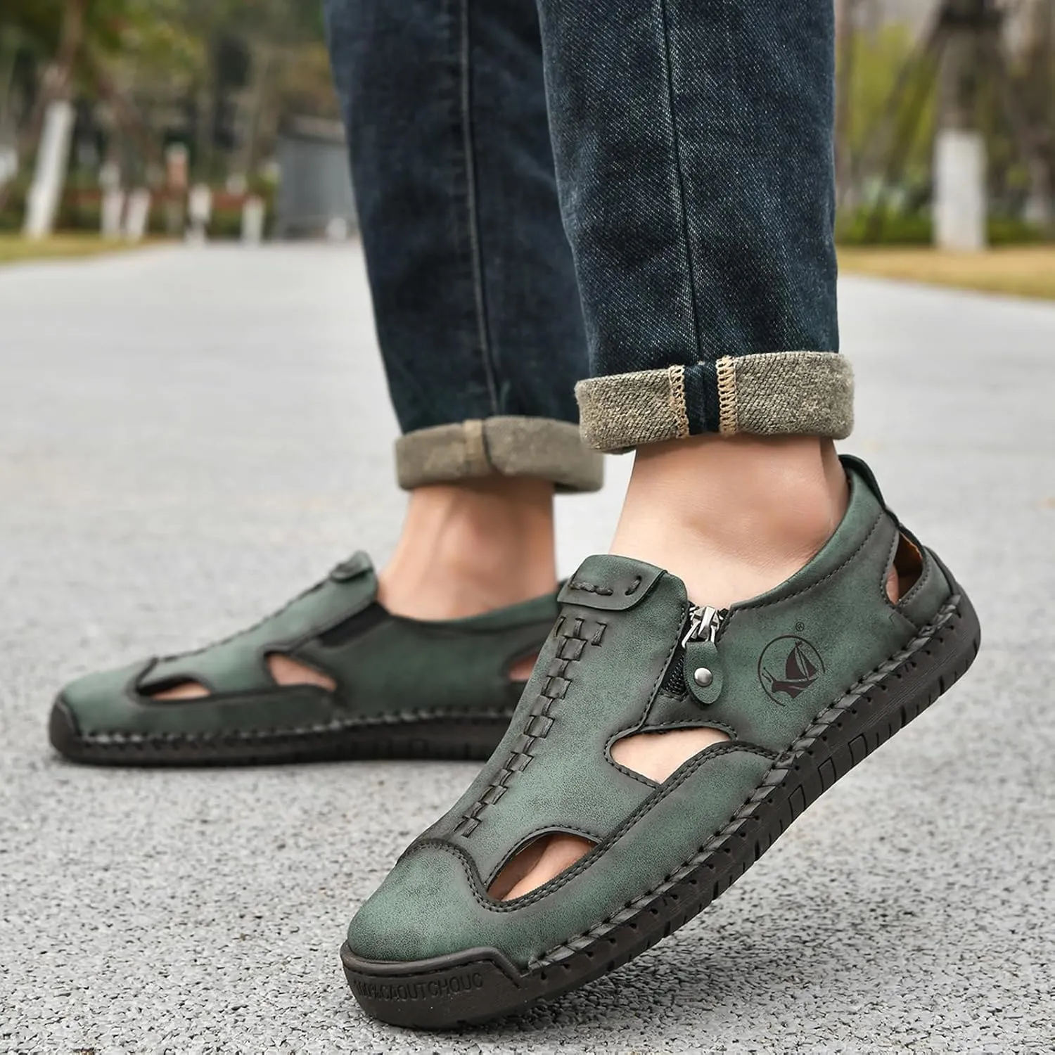 Men's Leather Closed Toe Beach Fisherman Sandals with Side Zip Hand Stitched Hollow Out Slip on Casual Loafers Summer Breathable Walking Shoes for Hiking Camping & Driving