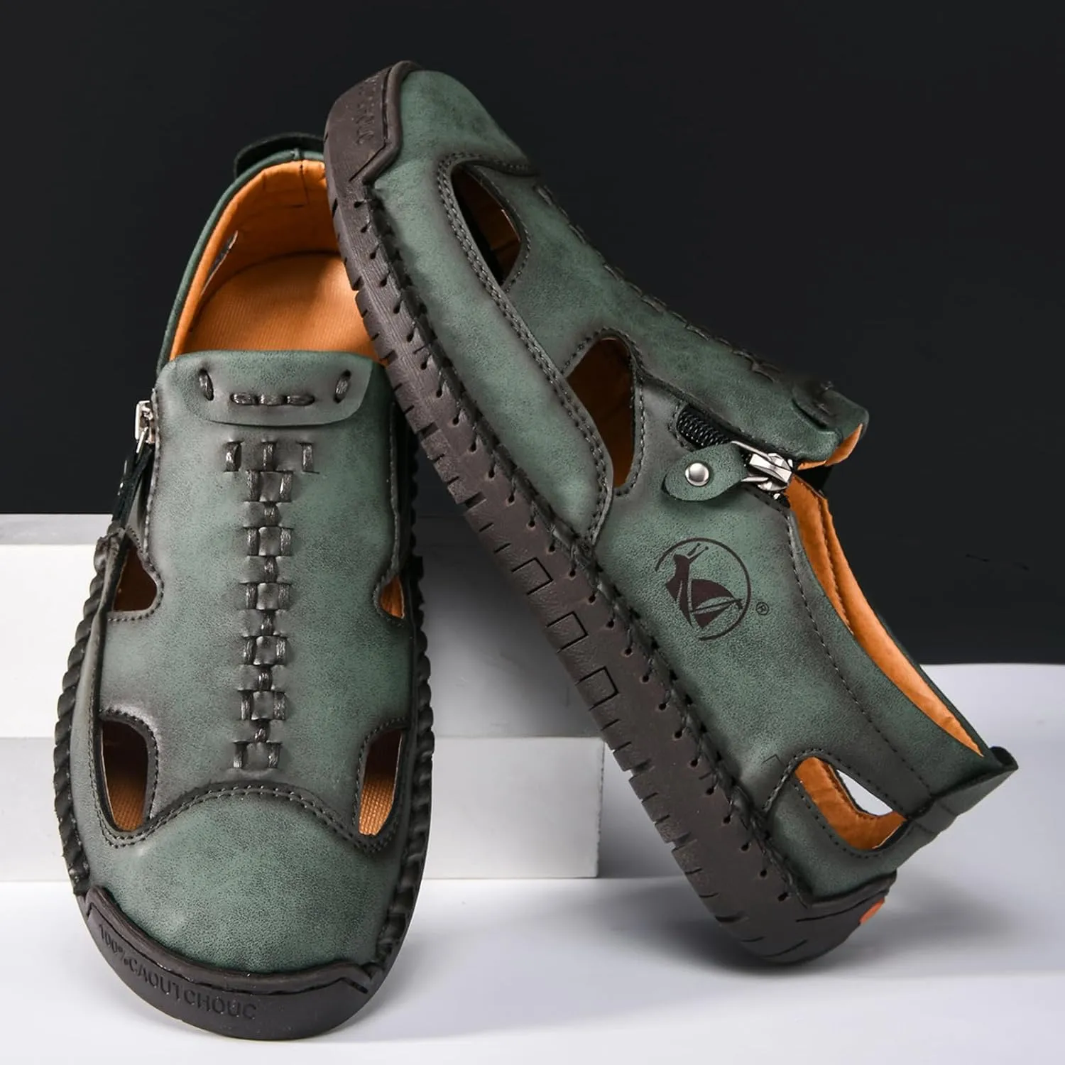 Men's Leather Closed Toe Beach Fisherman Sandals with Side Zip Hand Stitched Hollow Out Slip on Casual Loafers Summer Breathable Walking Shoes for Hiking Camping & Driving