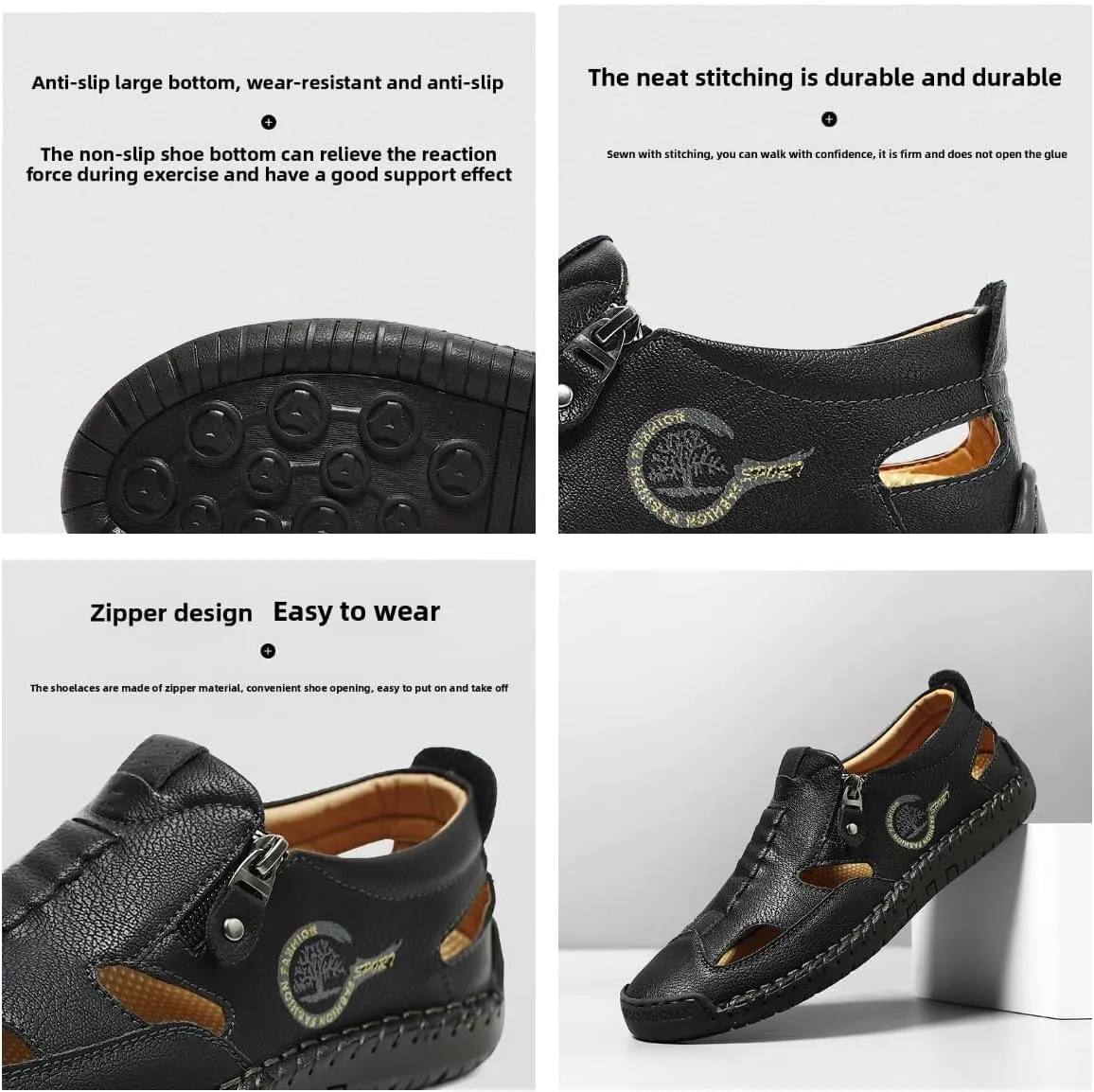 Men's Leather Fisherman Sandals Slip-On Closed Toe Breathable Loafers for Walking,Driving&Outdoor Side Zipper Hand-Sewn Comfort