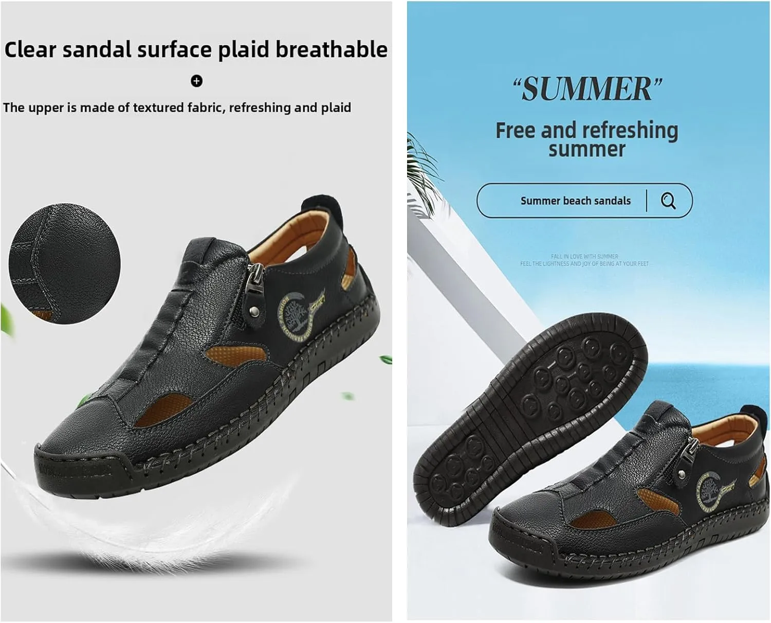 Men's Leather Fisherman Sandals Slip-On Closed Toe Breathable Loafers for Walking,Driving&Outdoor Side Zipper Hand-Sewn Comfort