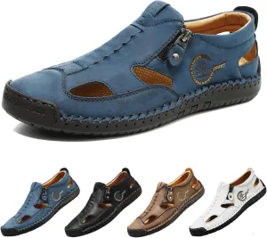 Men's Leather Fisherman Sandals Slip-On Closed Toe Breathable Loafers for Walking,Driving&Outdoor Side Zipper Hand-Sewn Comfort