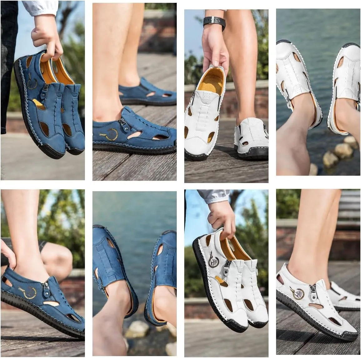 Men's Leather Fisherman Sandals Slip-On Closed Toe Breathable Loafers for Walking,Driving&Outdoor Side Zipper Hand-Sewn Comfort