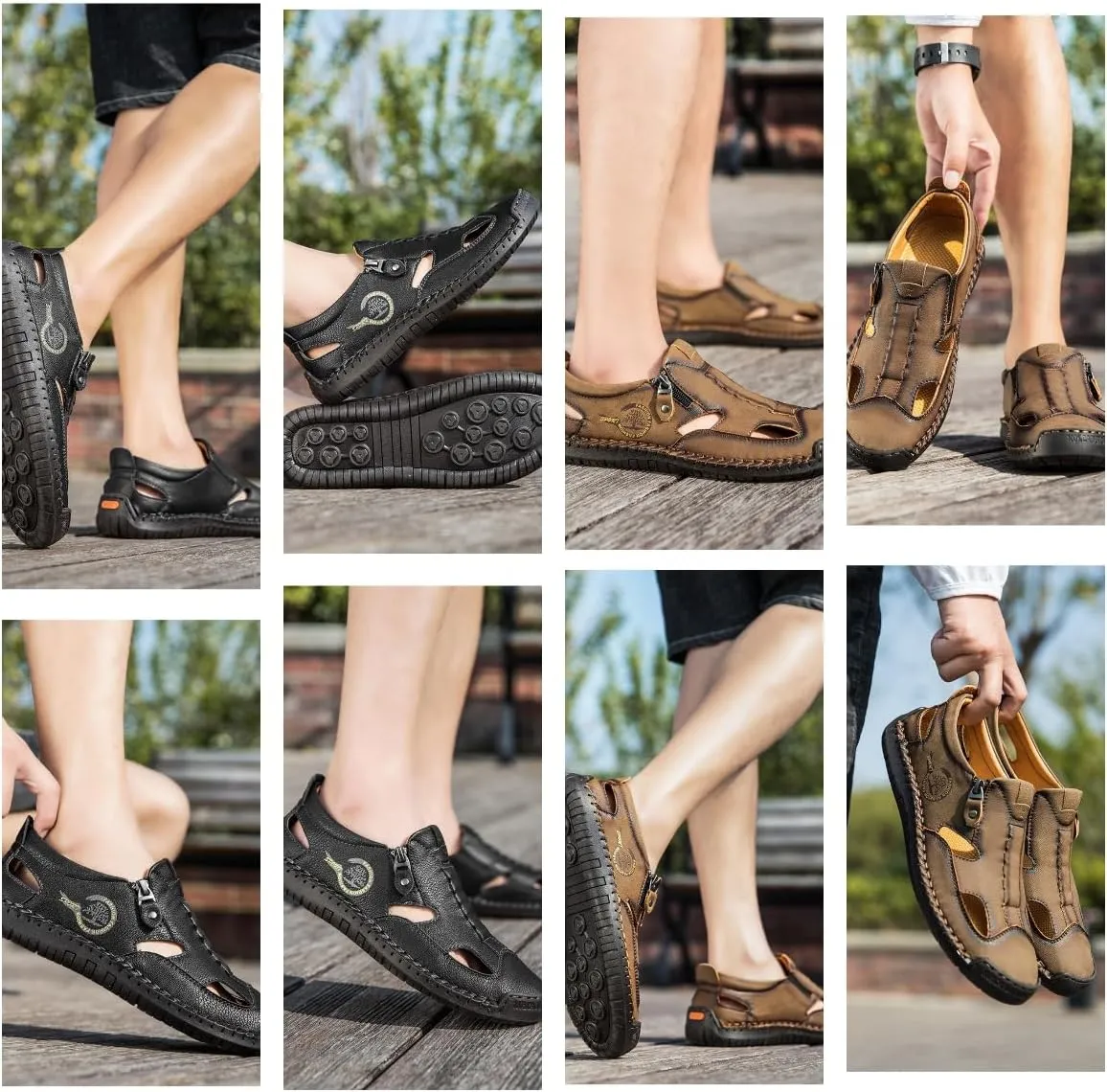 Men's Leather Fisherman Sandals Slip-On Closed Toe Breathable Loafers for Walking,Driving&Outdoor Side Zipper Hand-Sewn Comfort