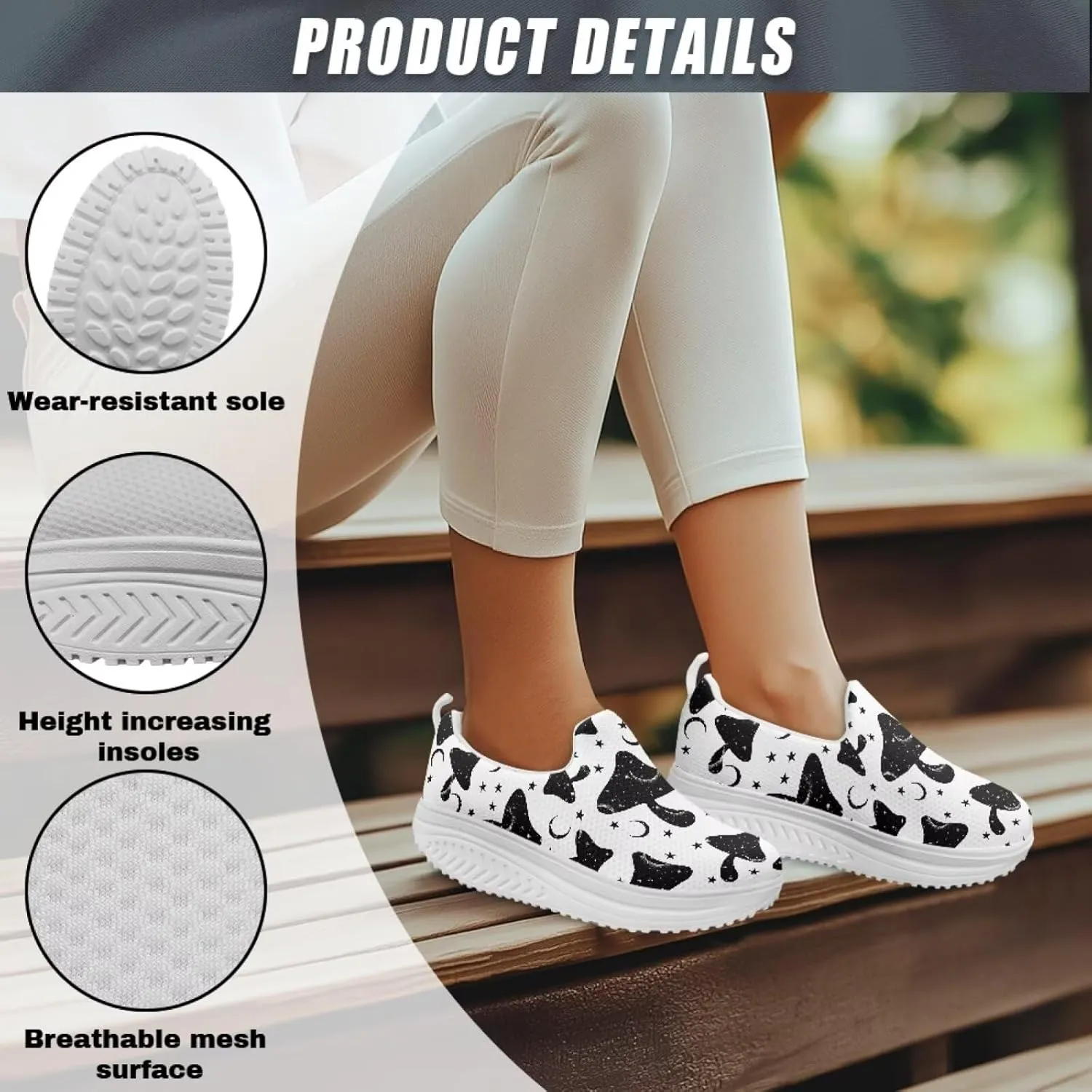 Mushroom Slip-On Sneakers Women Elastic Mesh Loafers Platform with Rocking Bottom Sole for Walking,Running