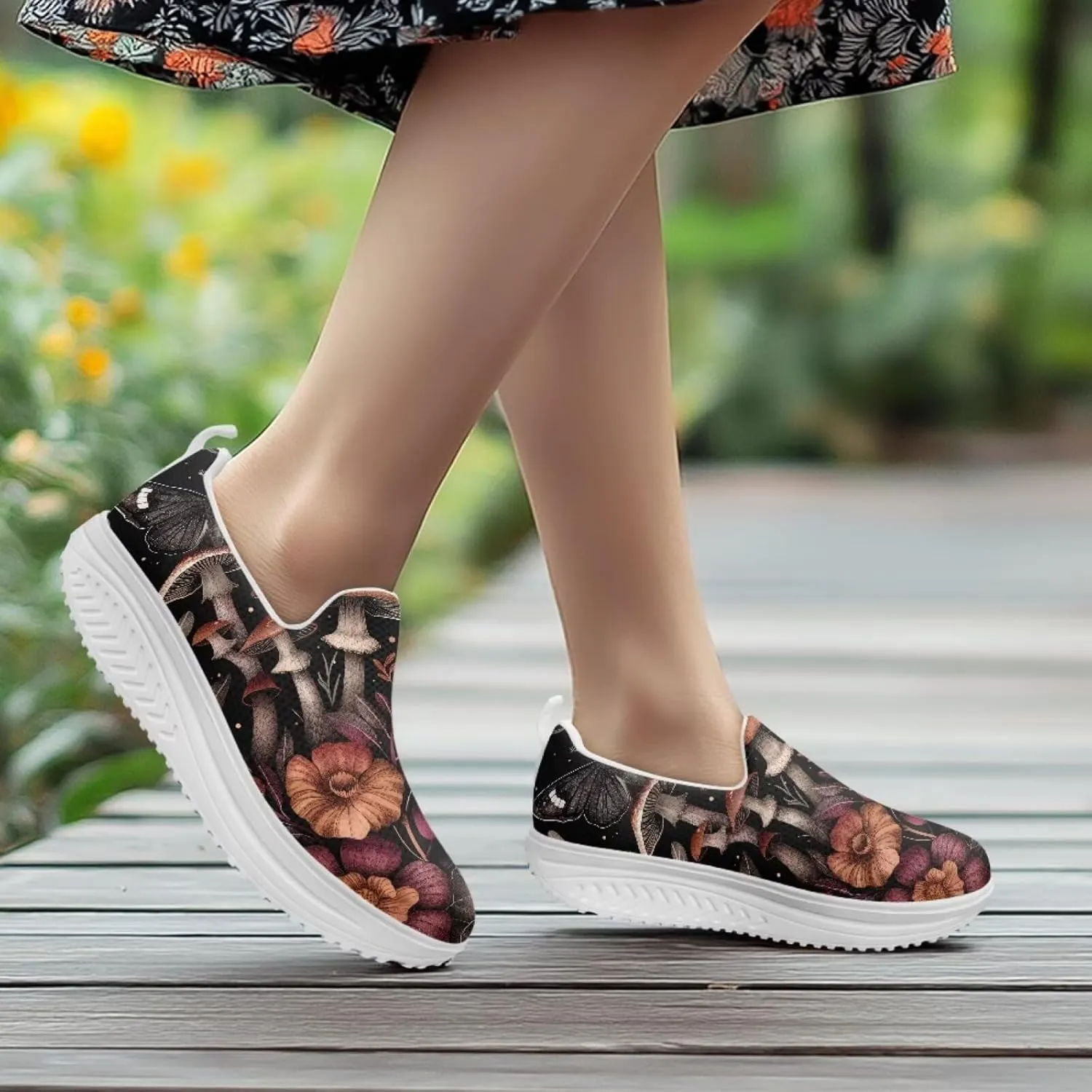 Mushroom Slip-On Sneakers Women Elastic Mesh Loafers Platform with Rocking Bottom Sole for Walking,Running