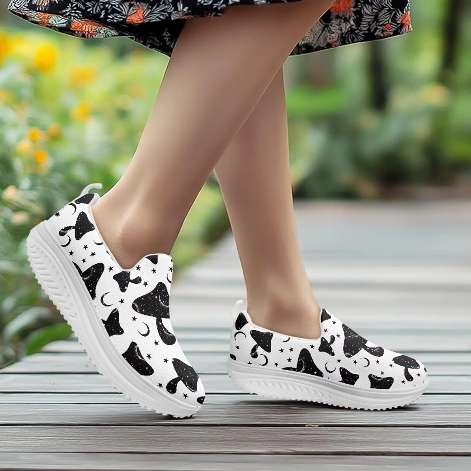 Mushroom Slip-On Sneakers Women Elastic Mesh Loafers Platform with Rocking Bottom Sole for Walking,Running