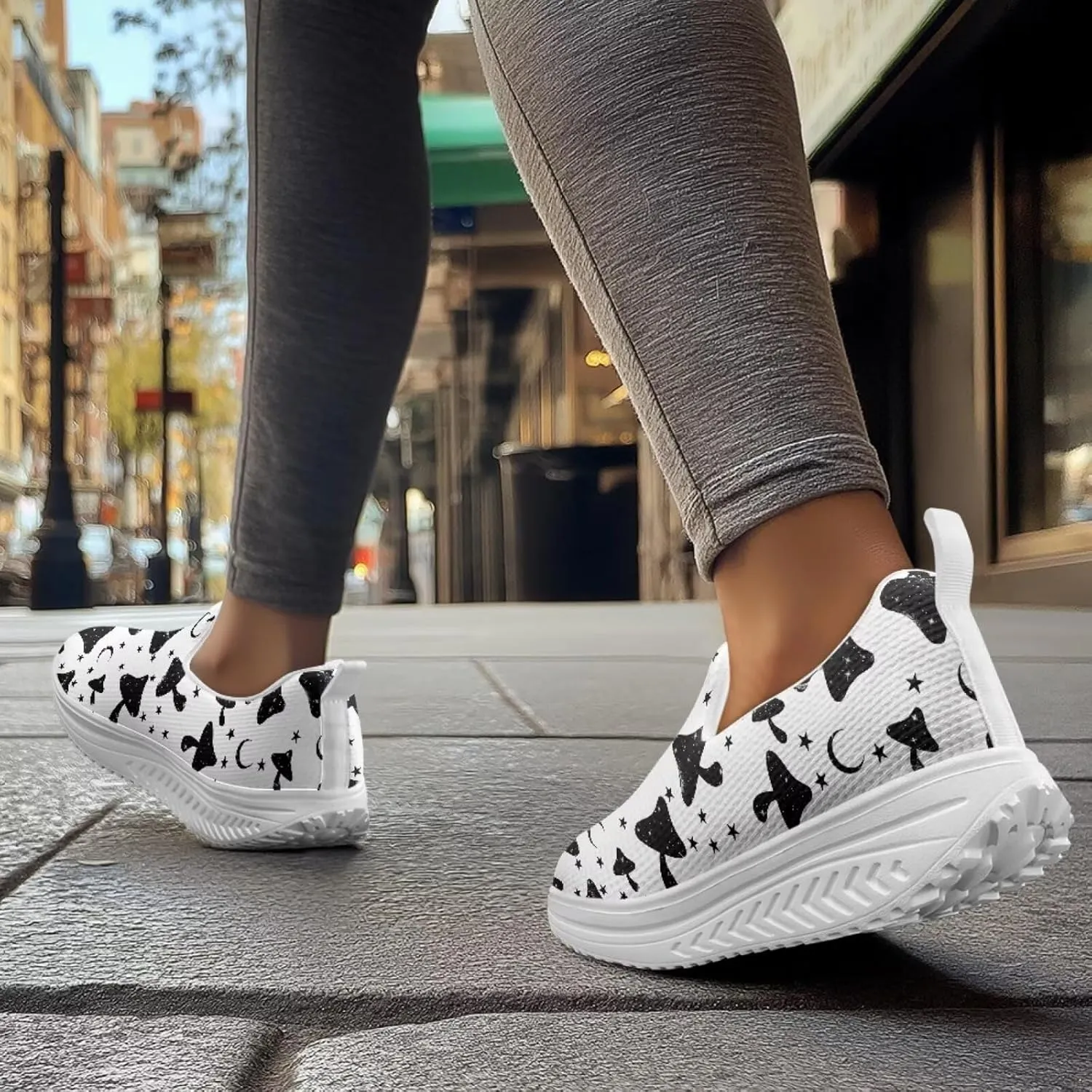 Mushroom Slip-On Sneakers Women Elastic Mesh Loafers Platform with Rocking Bottom Sole for Walking,Running