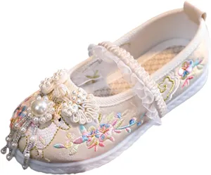 New Girls Handmade Hanfu Shoes Children Embroidered Shoes Shoes Baby Antique Costume Performance Shoes Infant Girl Shoes (Beige, 3 Big Kids)