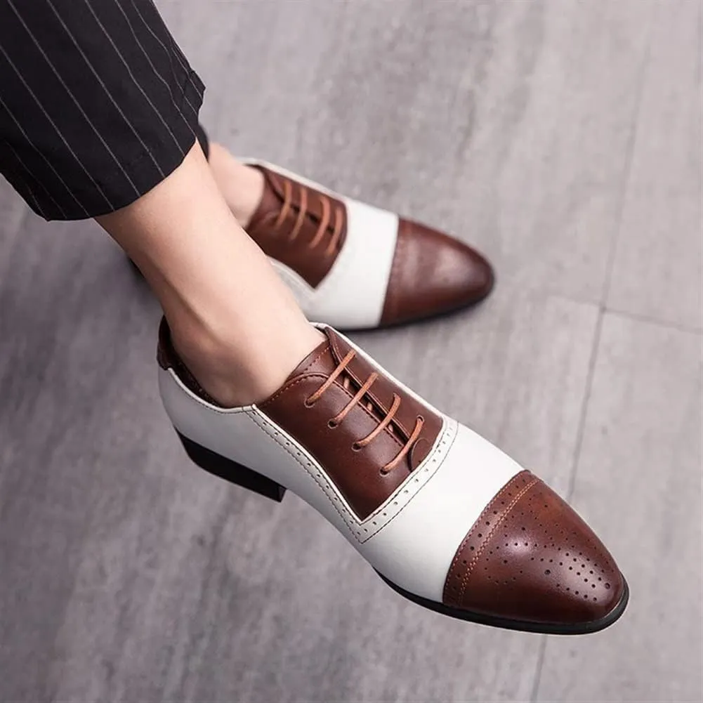 New Shoes Dress Oxford for Men Lace Up Two Tone White and Brown Brogue Cap Toe Vegan Leather Block Heel Anti-Slip Slip Resistant Low Top Rubber Sole