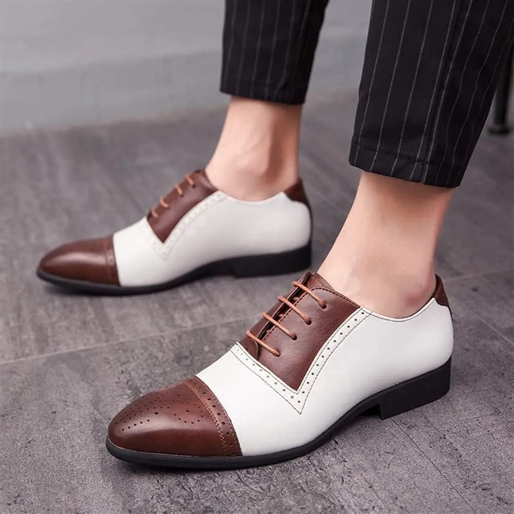 New Shoes Dress Oxford for Men Lace Up Two Tone White and Brown Brogue Cap Toe Vegan Leather Block Heel Anti-Slip Slip Resistant Low Top Rubber Sole