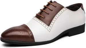 New Shoes Dress Oxford for Men Lace Up Two Tone White and Brown Brogue Cap Toe Vegan Leather Block Heel Anti-Slip Slip Resistant Low Top Rubber Sole