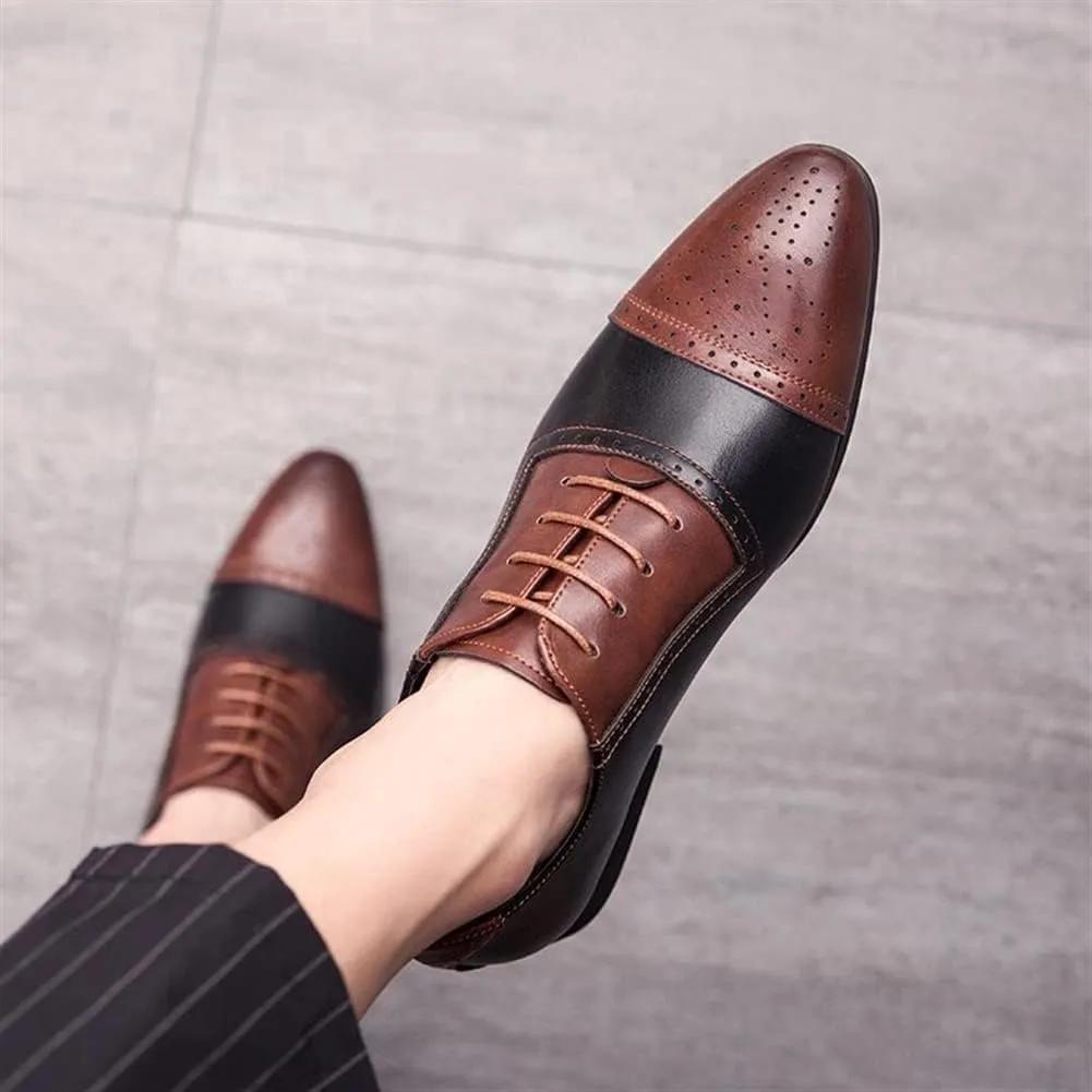 New Shoes Dress Oxford for Men Lace Up Two Tone White and Brown Brogue Cap Toe Vegan Leather Block Heel Anti-Slip Slip Resistant Low Top Rubber Sole