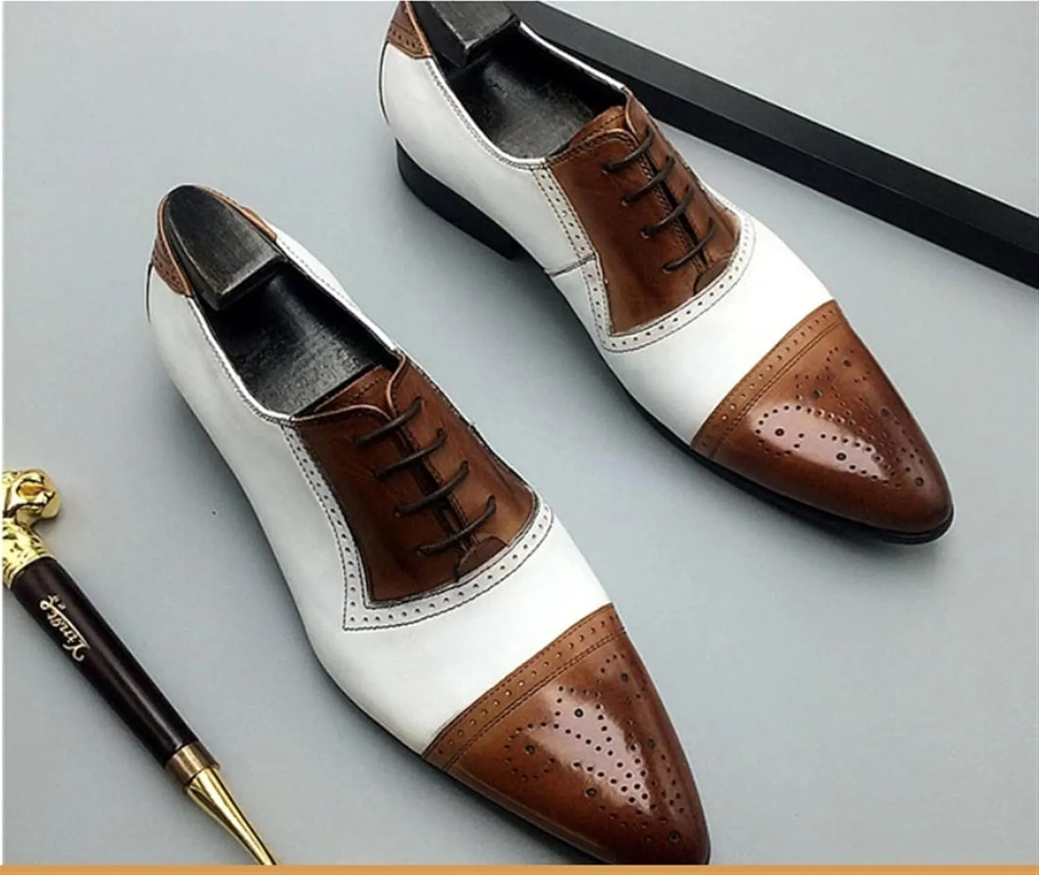 New Shoes Dress Oxford for Men Lace Up Two Tone White and Brown Brogue Cap Toe Vegan Leather Block Heel Anti-Slip Slip Resistant Low Top Rubber Sole